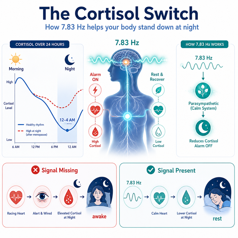 3. The Cortisol Switch — How 7.83 Hz Turns Off Your Body's Alarm System at Night